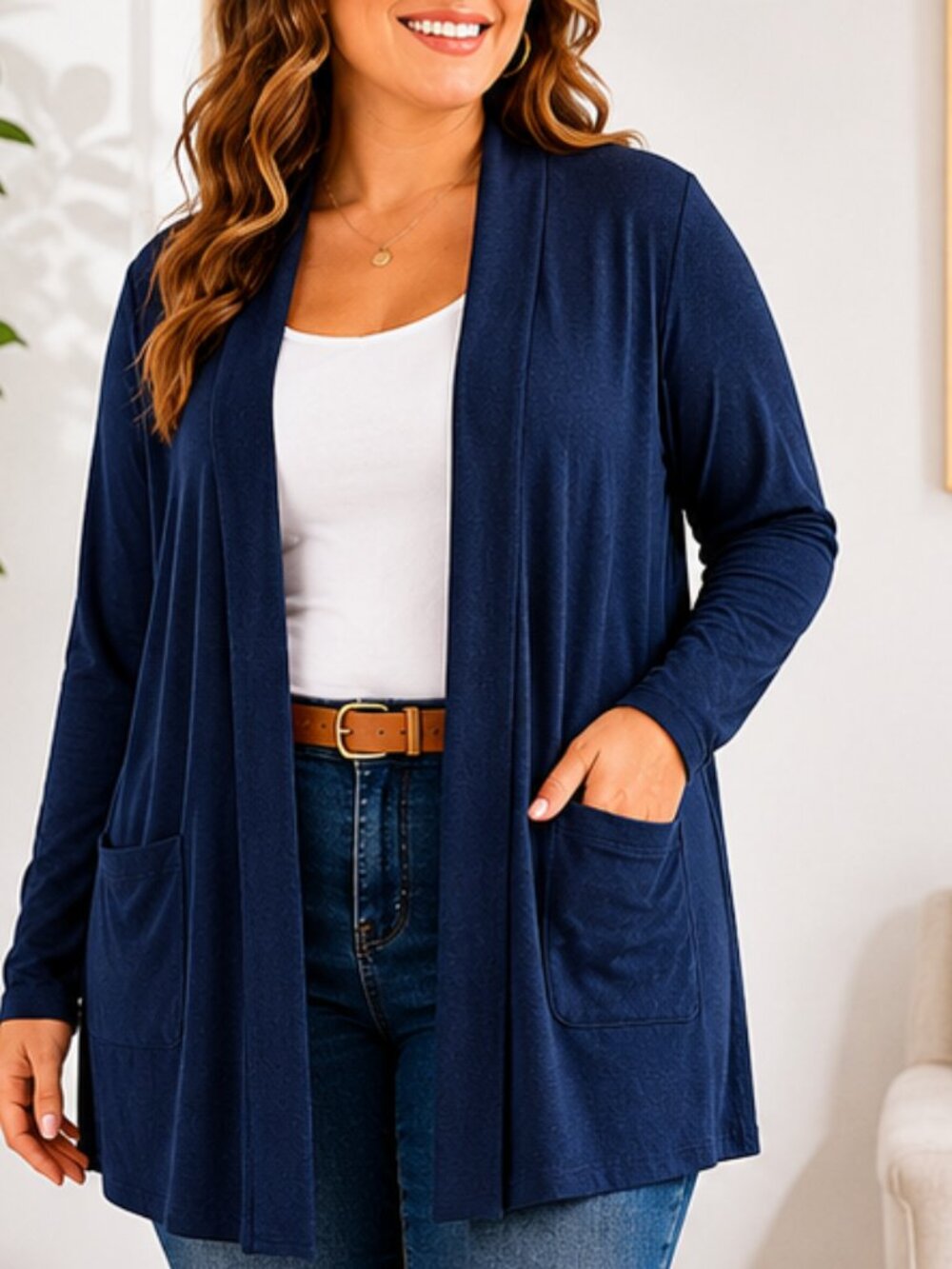 Women’s Plus Size Navy Blue Open Front Cardigan | Soft Lightweight Sweater
